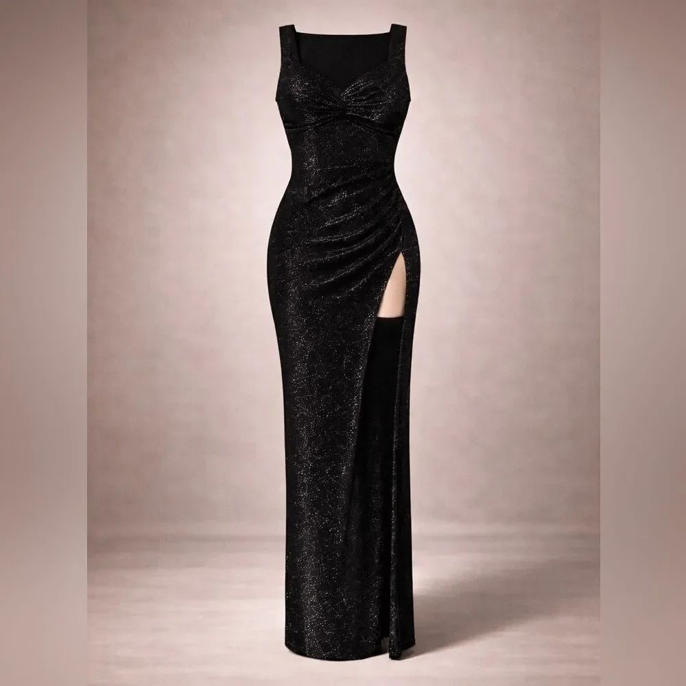 Black Sparkly Evening Dress High Slit Bodycon Maxi Party Prom XS